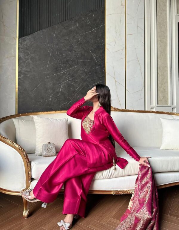 Magenta Pink Silk Embroidered Salwar Suit with Banarasi Dupatta