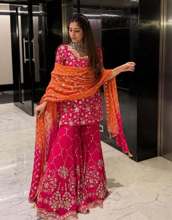 Embroidered Pink Sharara Suit with Orange Dupatta