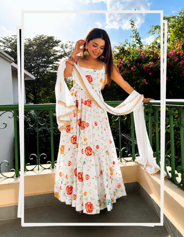 White Floral Zari Gown with Fancy Lace Dupatta