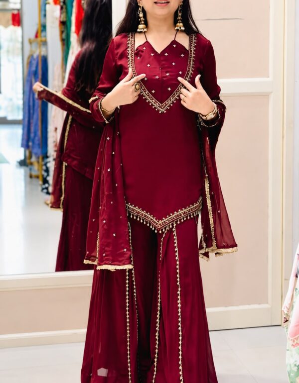Women’s Maroon Embroidered Mirror Work Palazzo Suit Set with Chanderi Dupatta