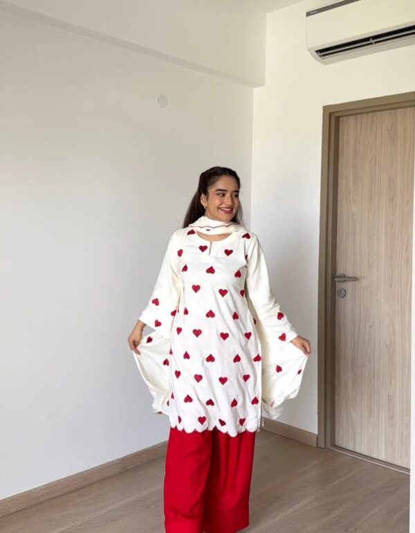 Women White & Red Heart Embroidered Pure Creps Salwar Suit Set