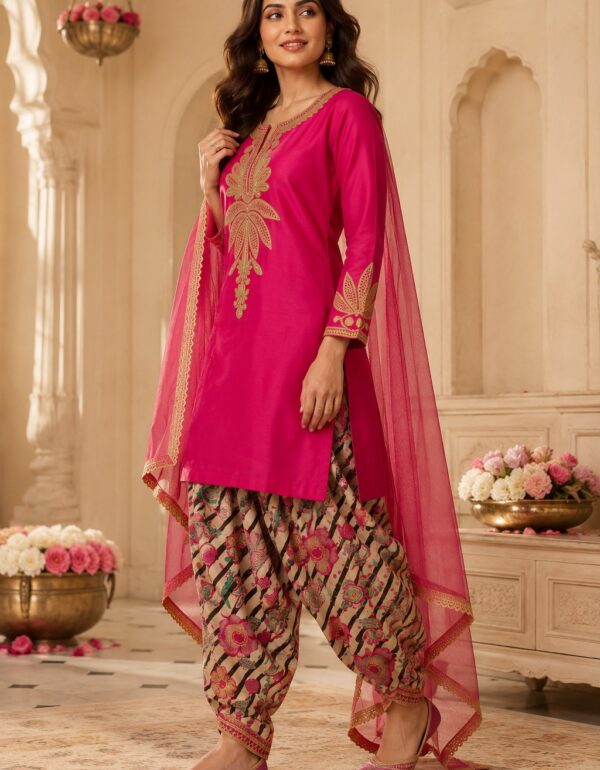 Fuchsia Zari Embroidered Kurta with Printed Tulip Pants