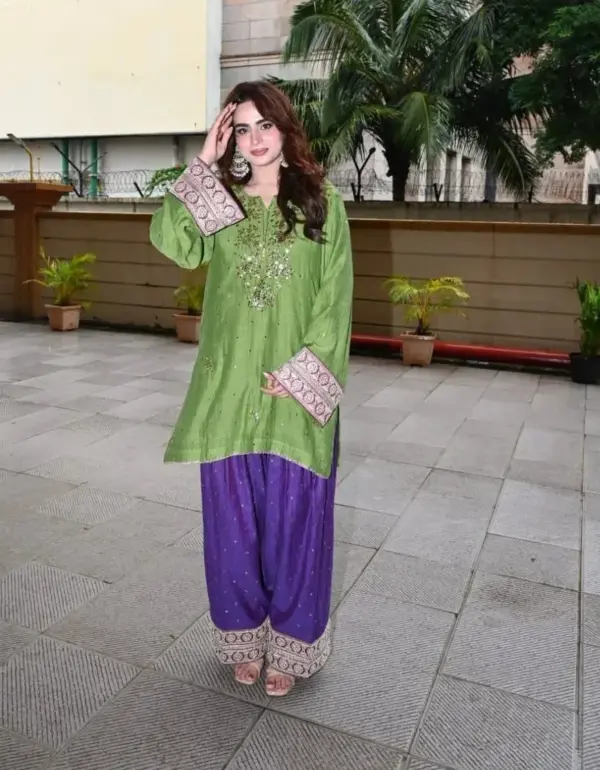 Embroidered Olive & Purple Tilla Work Kurta Set