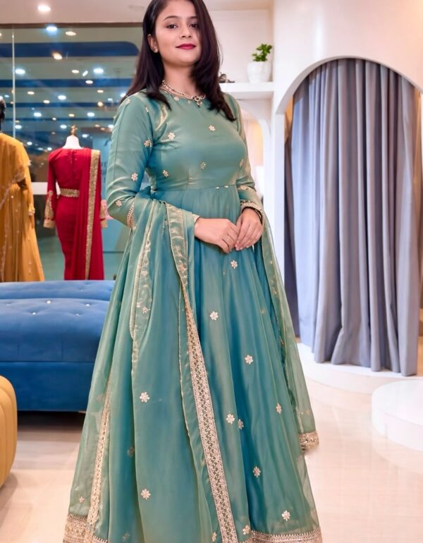 Muted Teal Heavy Silk Flared Anarkali Suit Set