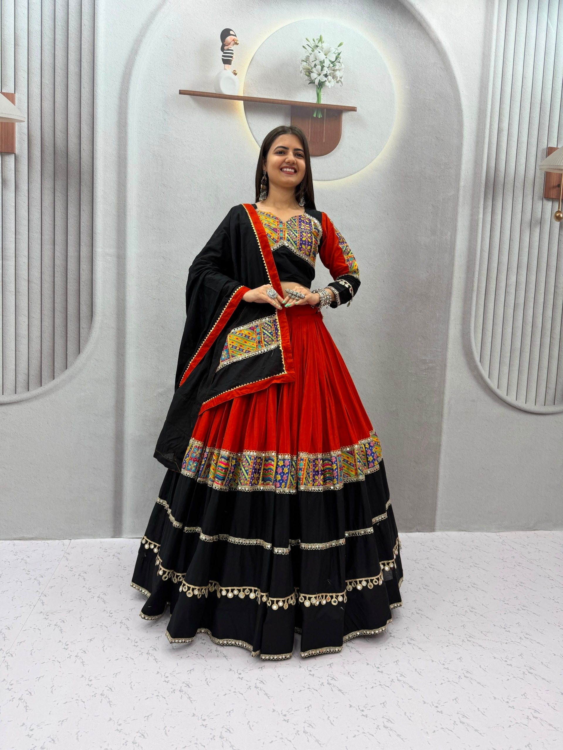 Black & Red Pure Cotton Navratri Lehenga Choli With Real Mirror Lace Work & Position Print
